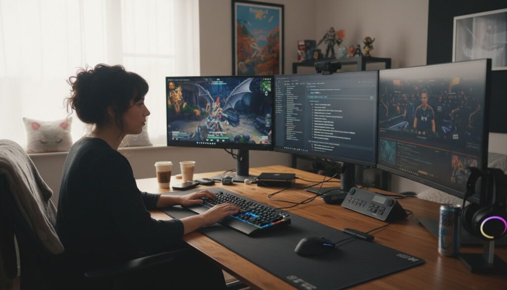 Personne travaillant sur ordinateurs, bureaux modernes.