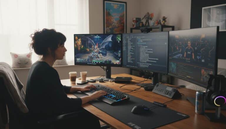 Personne travaillant sur ordinateurs, bureaux modernes.