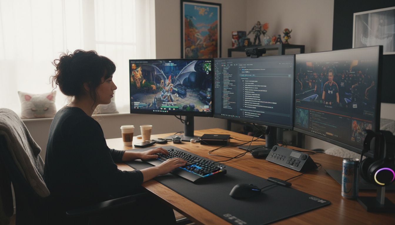 Personne travaillant sur ordinateurs, bureaux modernes.