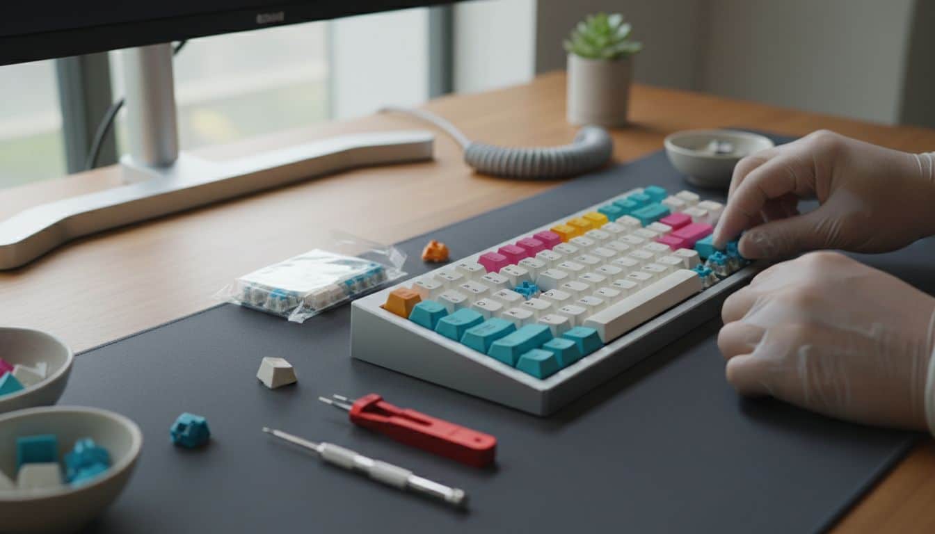 Personne assemble un clavier mécanique coloré sur bureau.