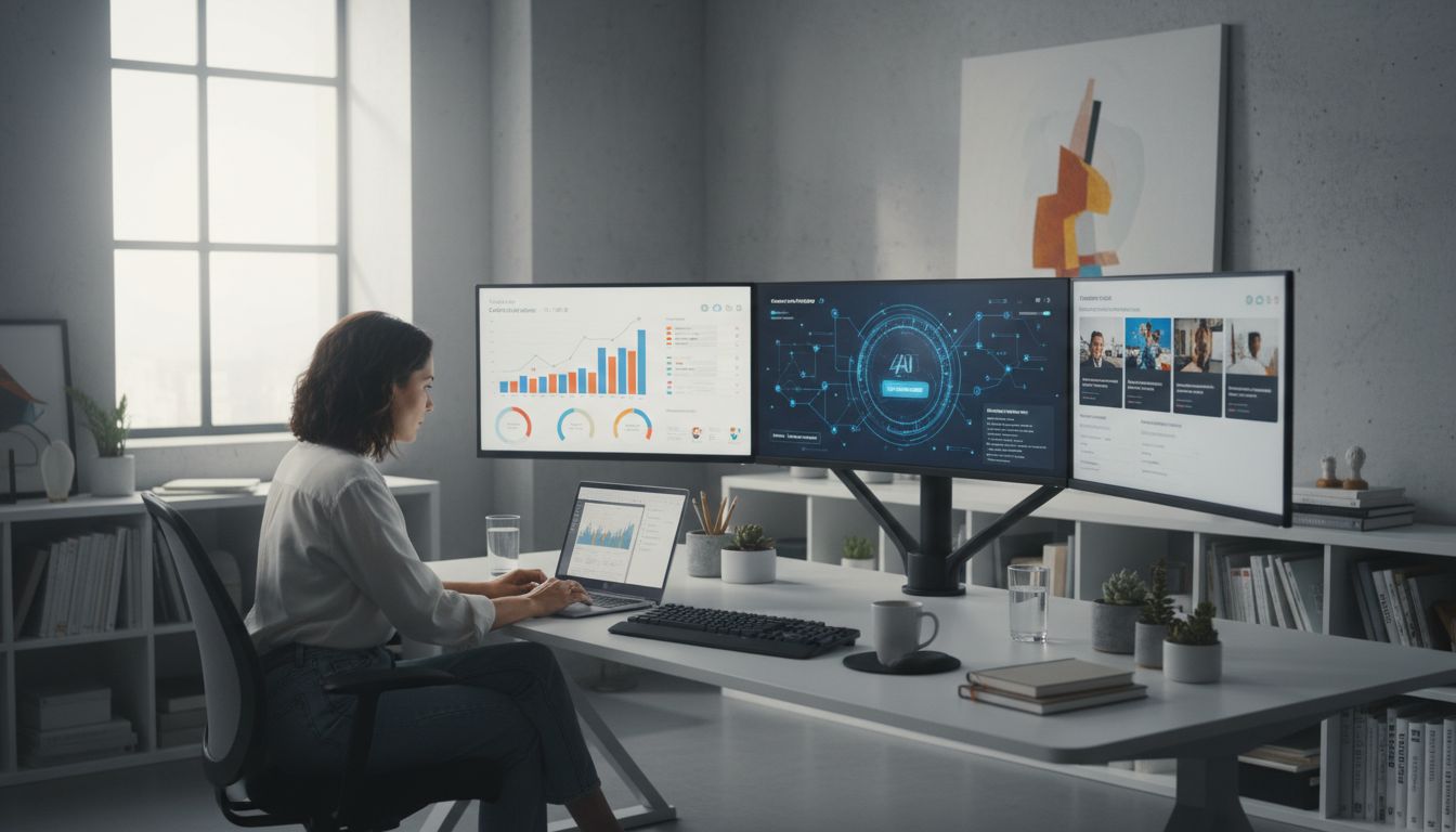 Femme travaillant sur ordinateur avec des graphiques.
