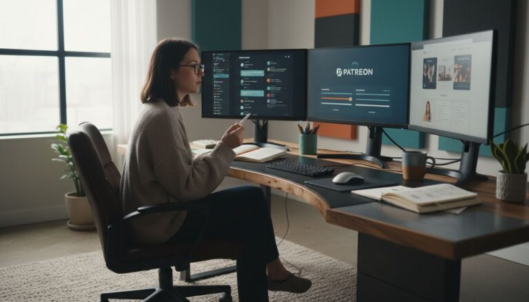 Femme travaillant sur ordinateur avec écrans multiples.