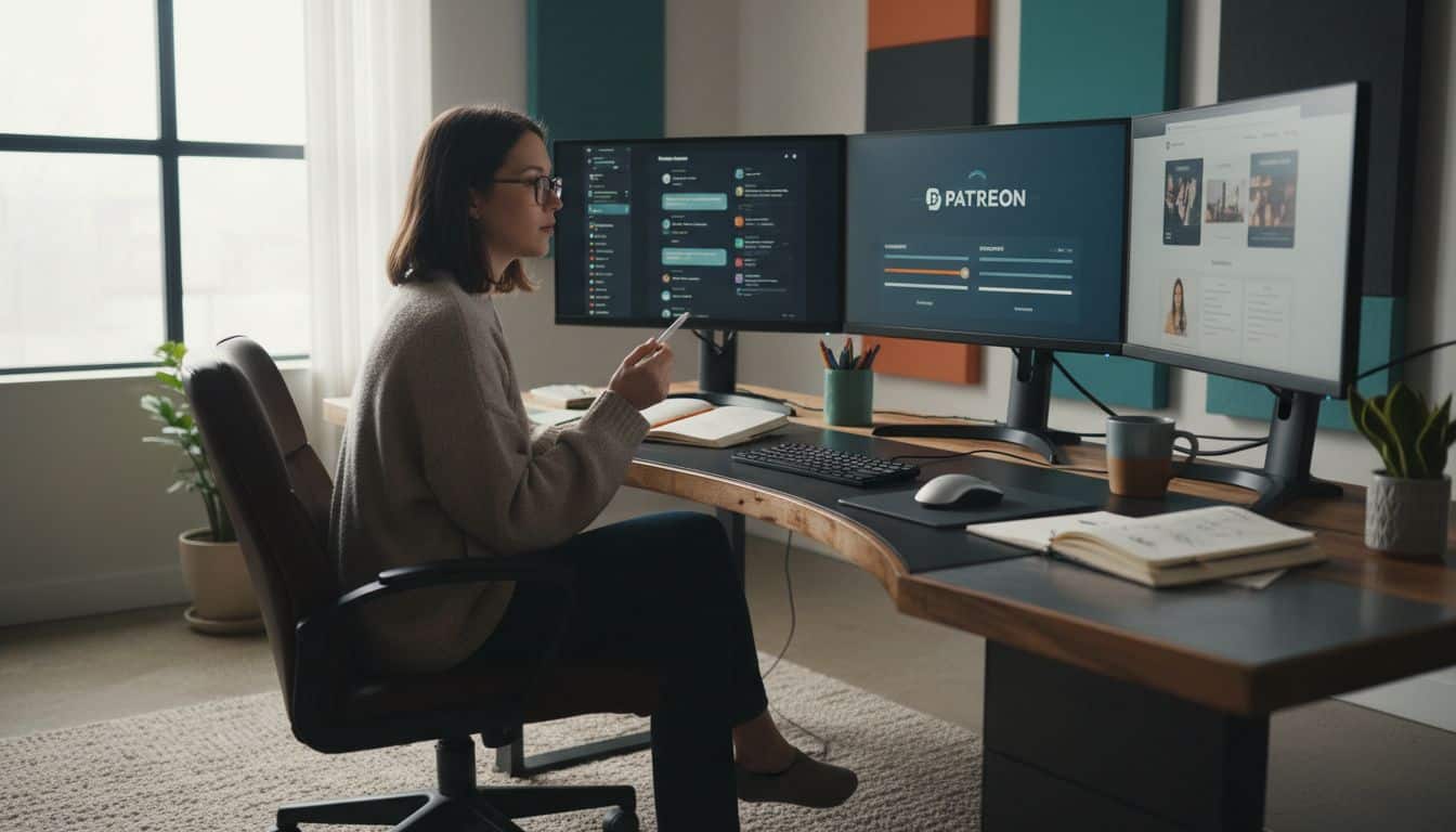 Femme travaillant sur ordinateur avec écrans multiples.