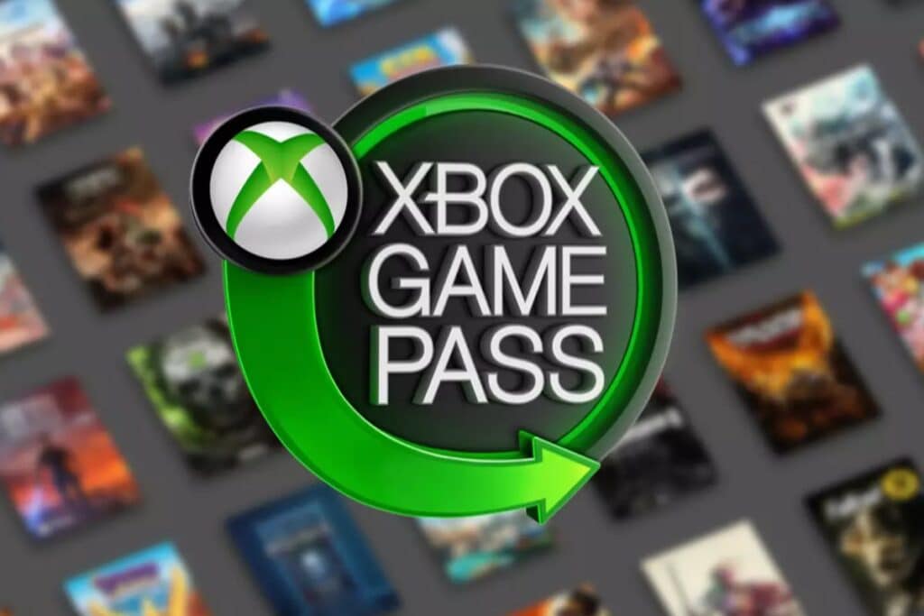 Logo Xbox Game Pass avec jaquettes jeux en arrière-plan.