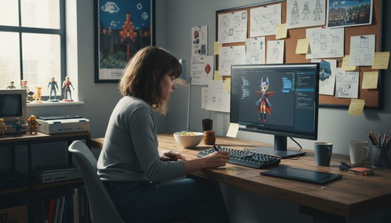 Femme travaillant sur une animation numérique au bureau.