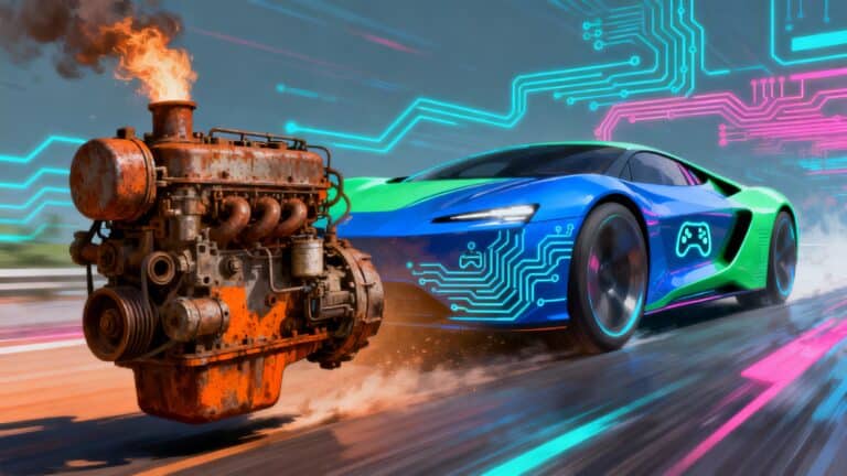 Voiture futuriste et moteur ancien en flammes.