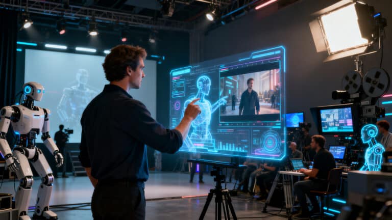 Homme et robot interagissent avec écran numérique.