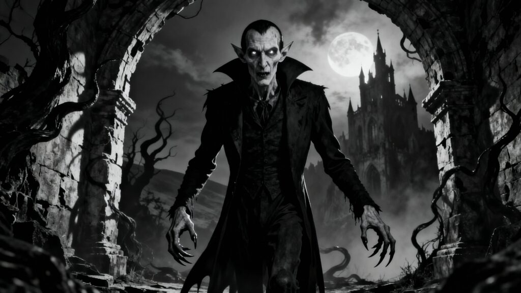 Vampire effrayant sous la pleine lune, château en arrière-plan.