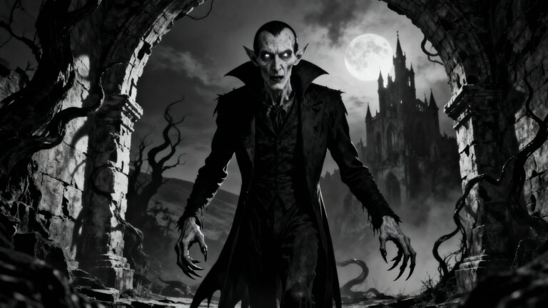 Vampire effrayant sous la pleine lune, château en arrière-plan.