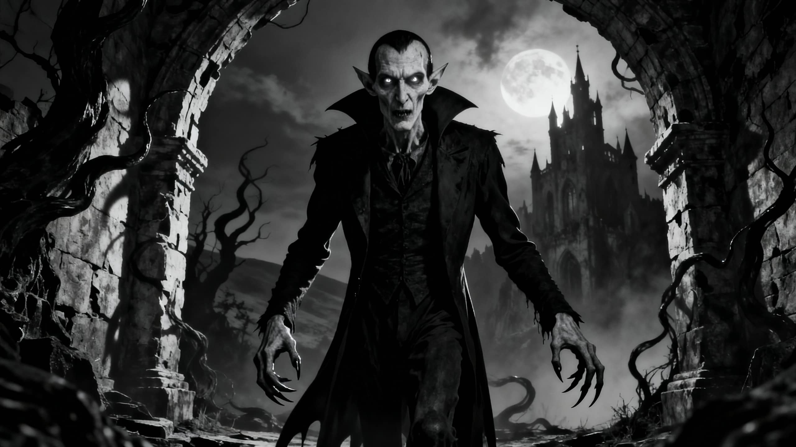 Vampire effrayant sous la pleine lune, château en arrière-plan.