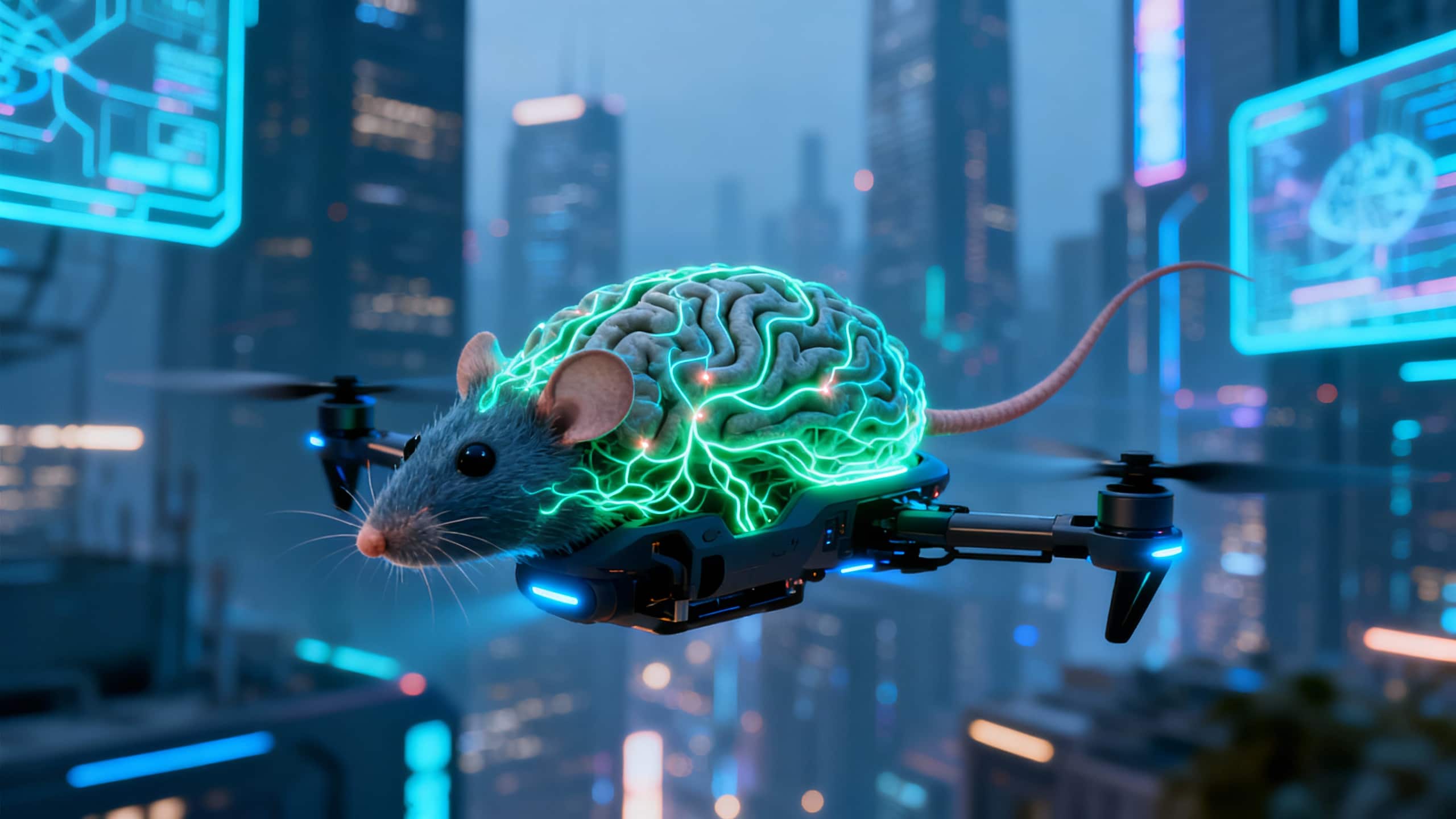 Souris avec cerveau lumineux sur drone volant en ville.