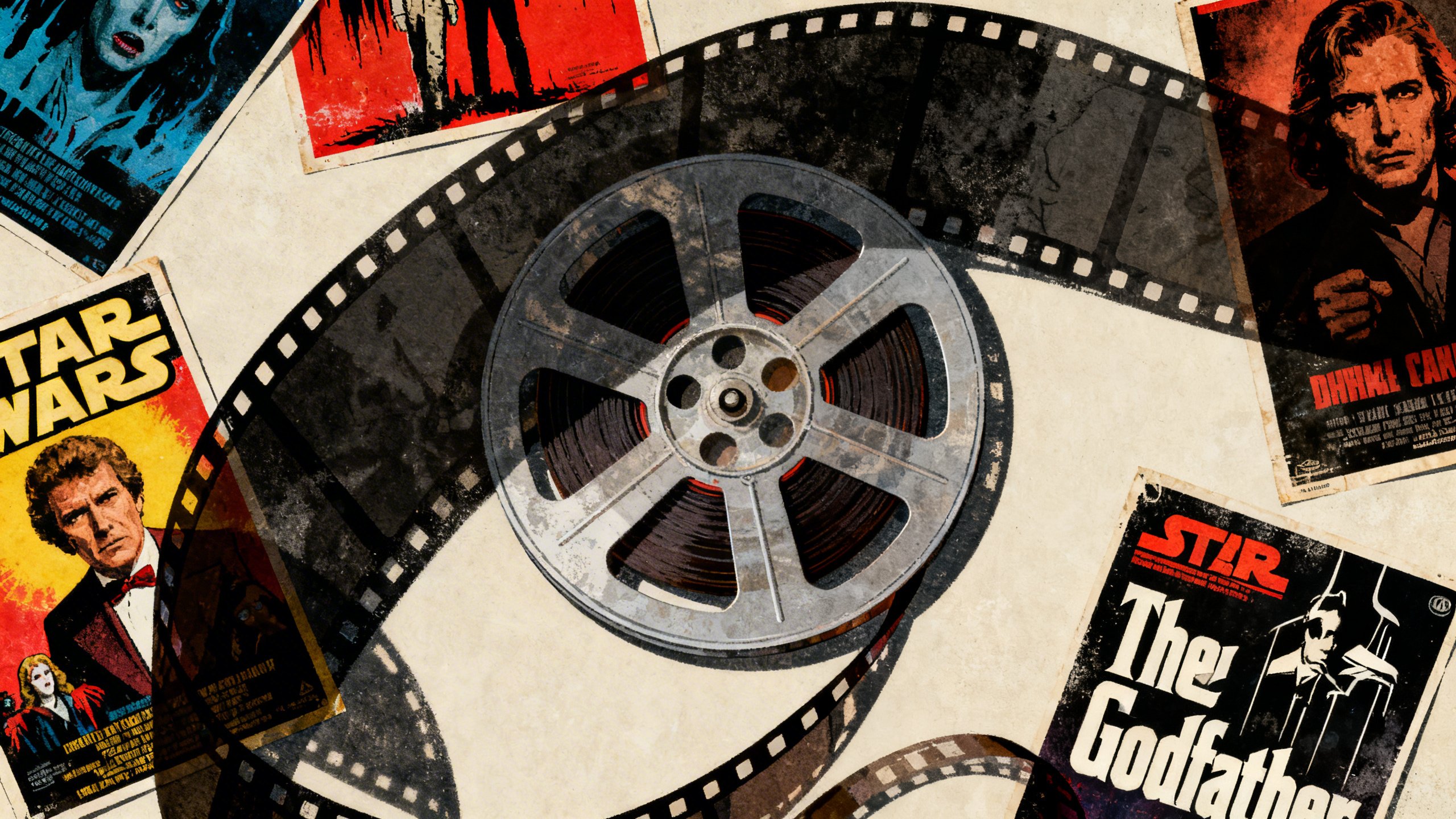 Bobine de film avec affiches de cinéma classiques.
