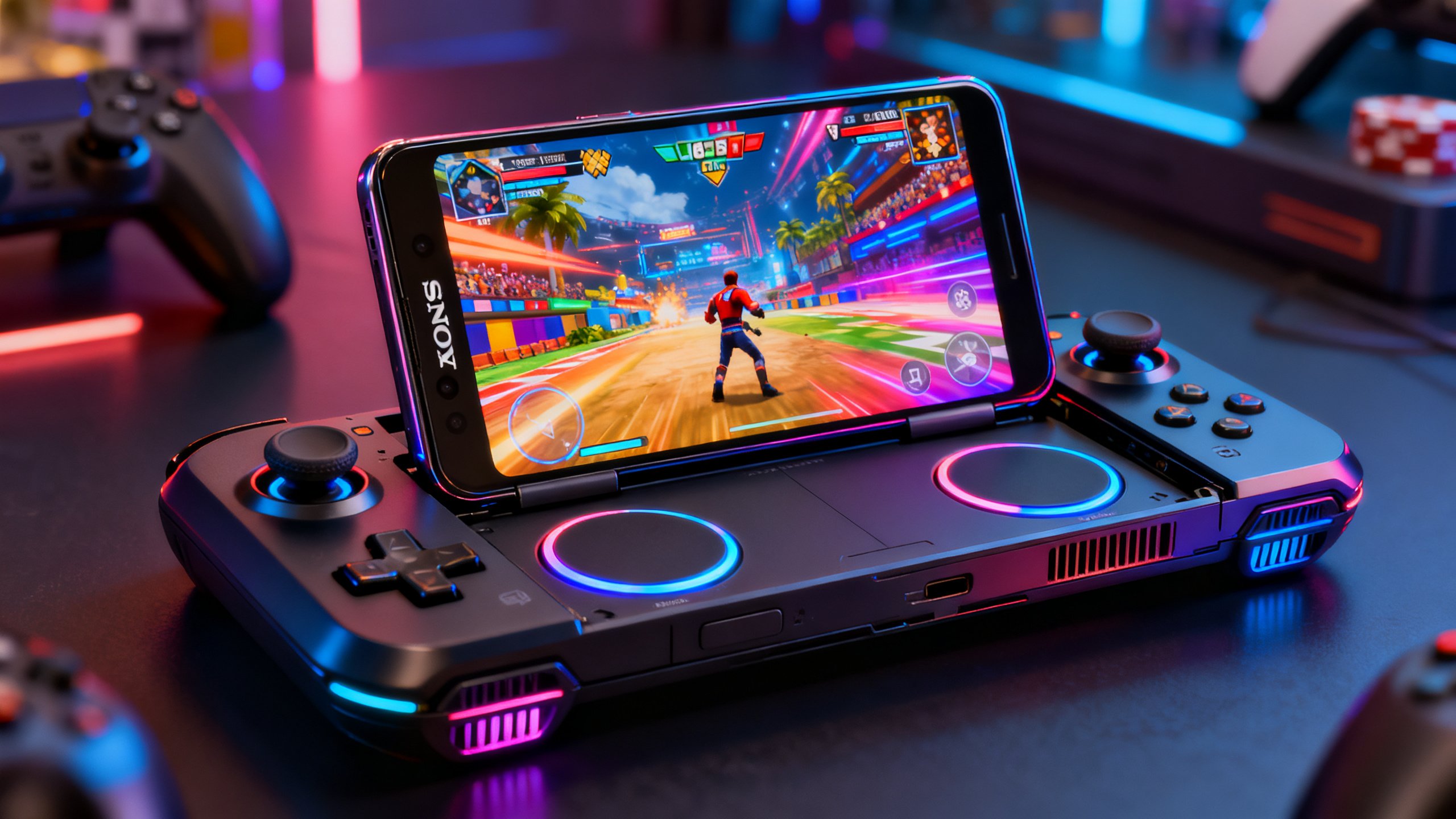 Smartphone sur manette, jeu vidéo coloré affiché