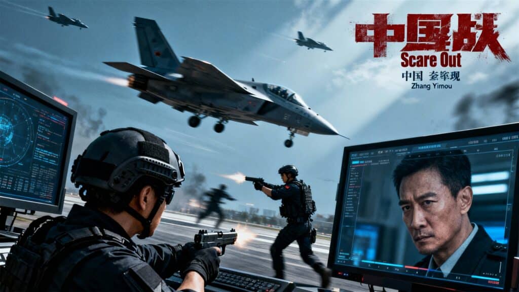 Scène d'action militaire avec avions et soldats armés.