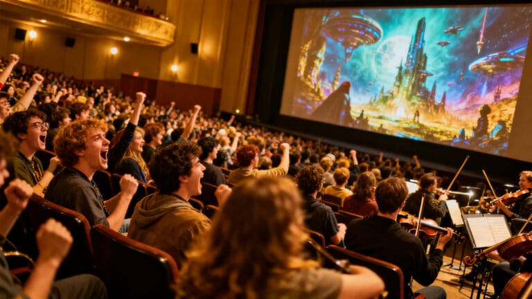 Foule enthousiaste lors d'une projection cinématographique.