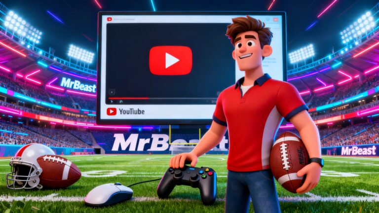 Personnage animé avec ballon de football et manette.