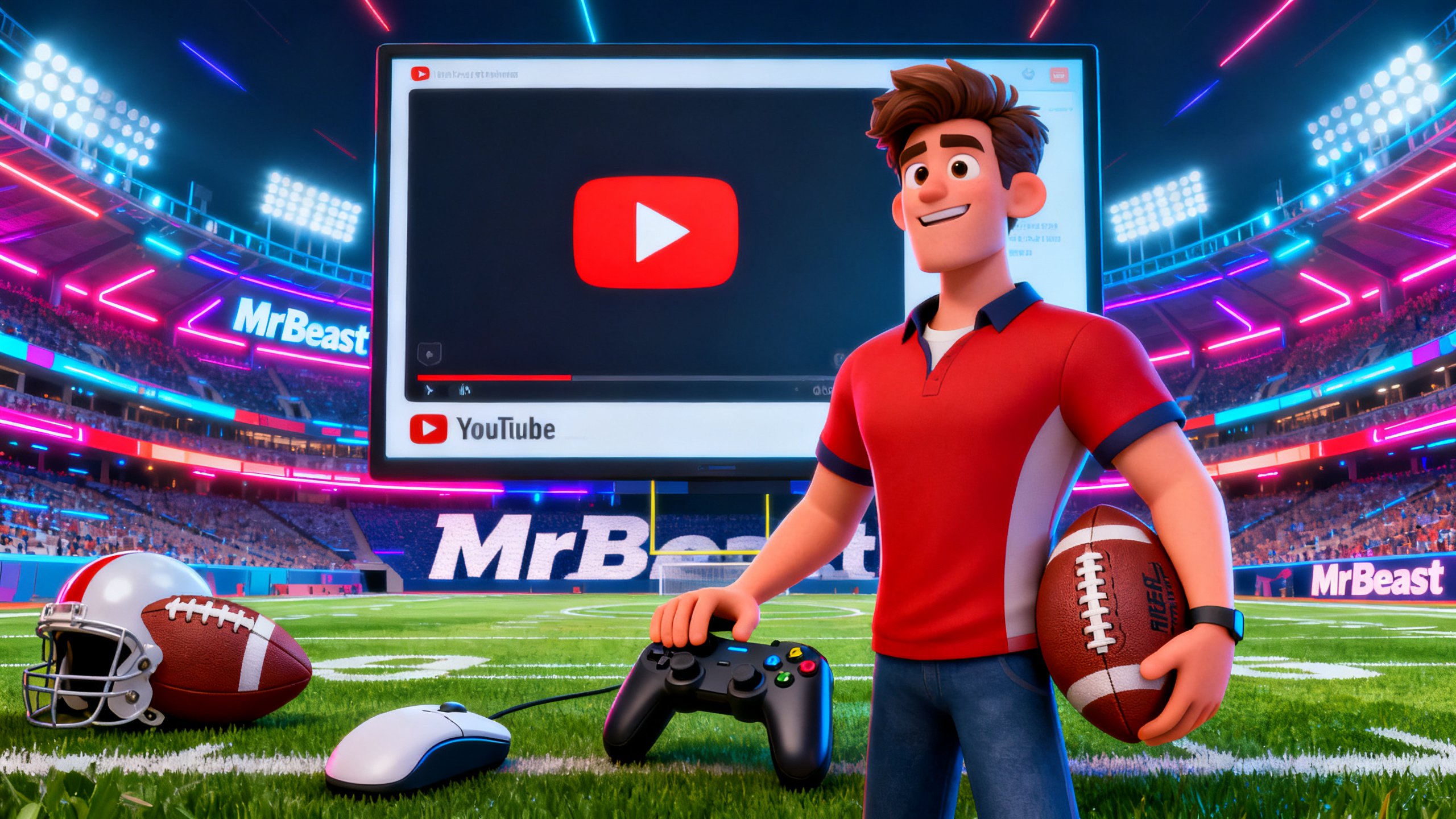 Personnage animé avec ballon de football et manette.
