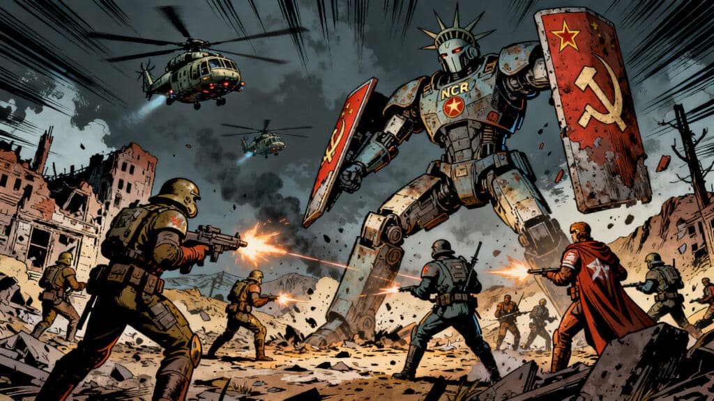 Combat de soldats contre robot géant.