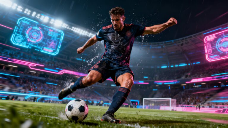 Joueur de football frappant le ballon sous la pluie.