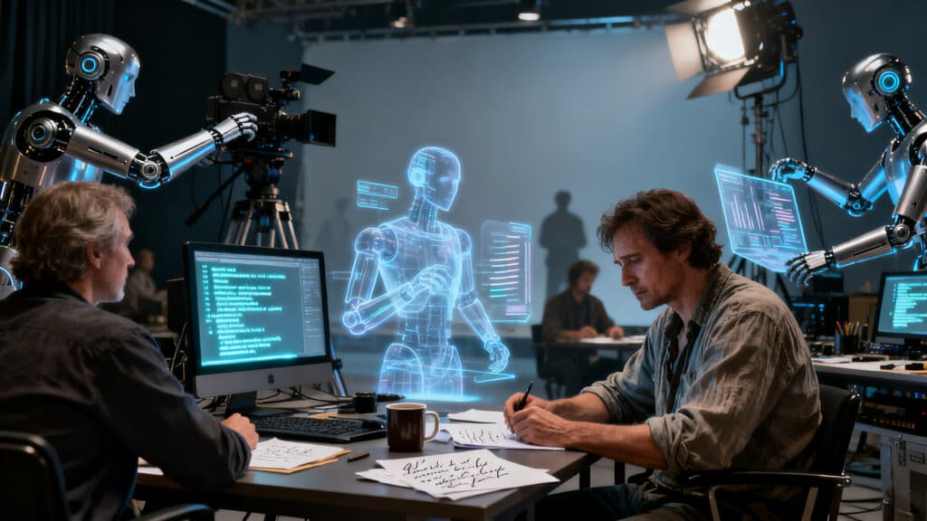 Personnes travaillant avec des robots et des hologrammes