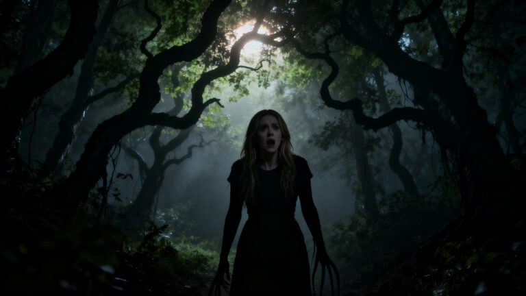 Femme effrayée dans une forêt sombre et mystérieuse.