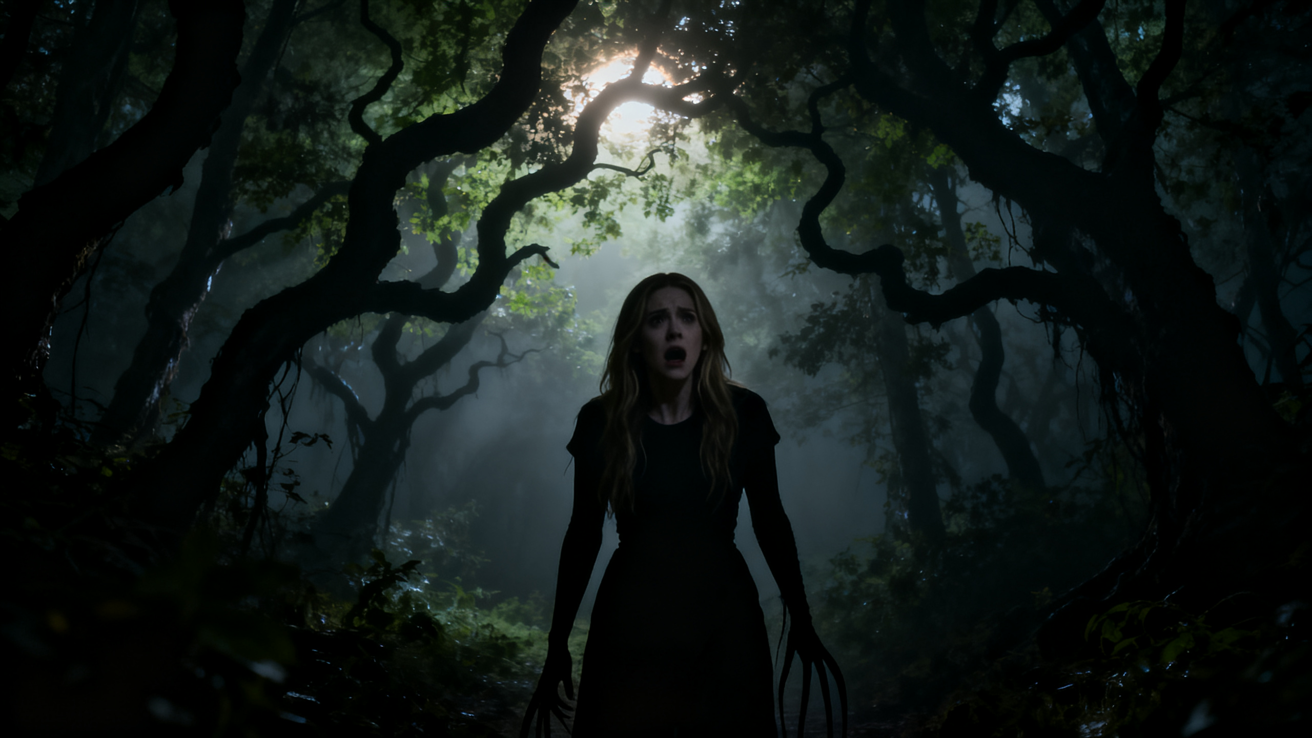 Femme effrayée dans une forêt sombre et mystérieuse.
