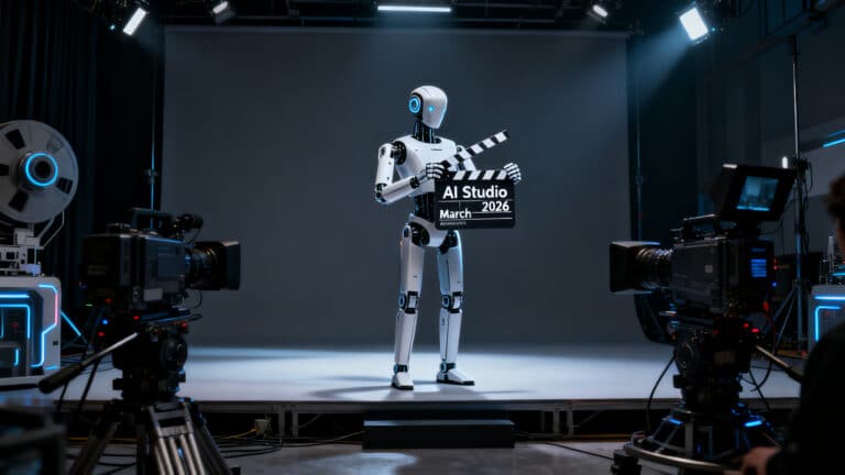 Robot avec clap, studio film, mars 2026.