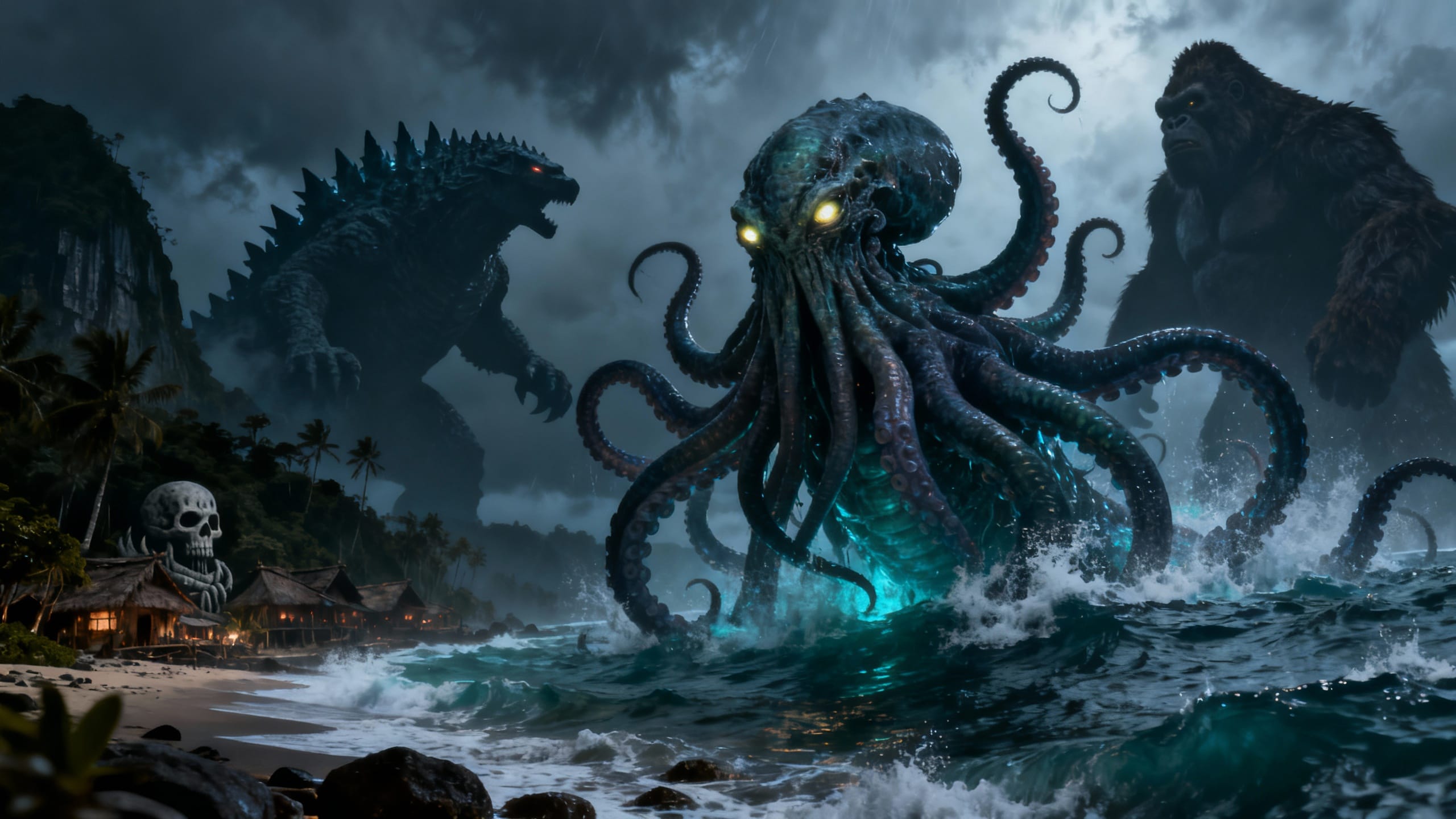 Monstres géants sur une plage orageuse.