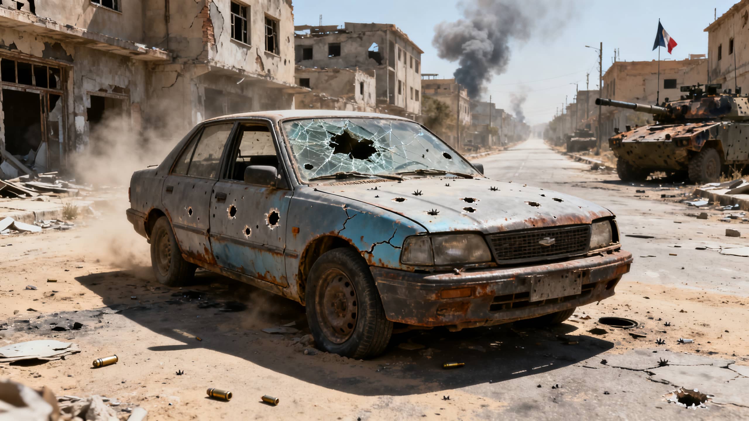Voiture criblée de balles dans une zone de guerre.