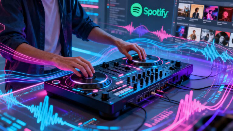 DJ mixant avec platines et effets visuels.