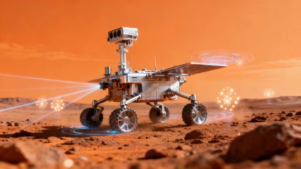 Rover explorant la surface de Mars.