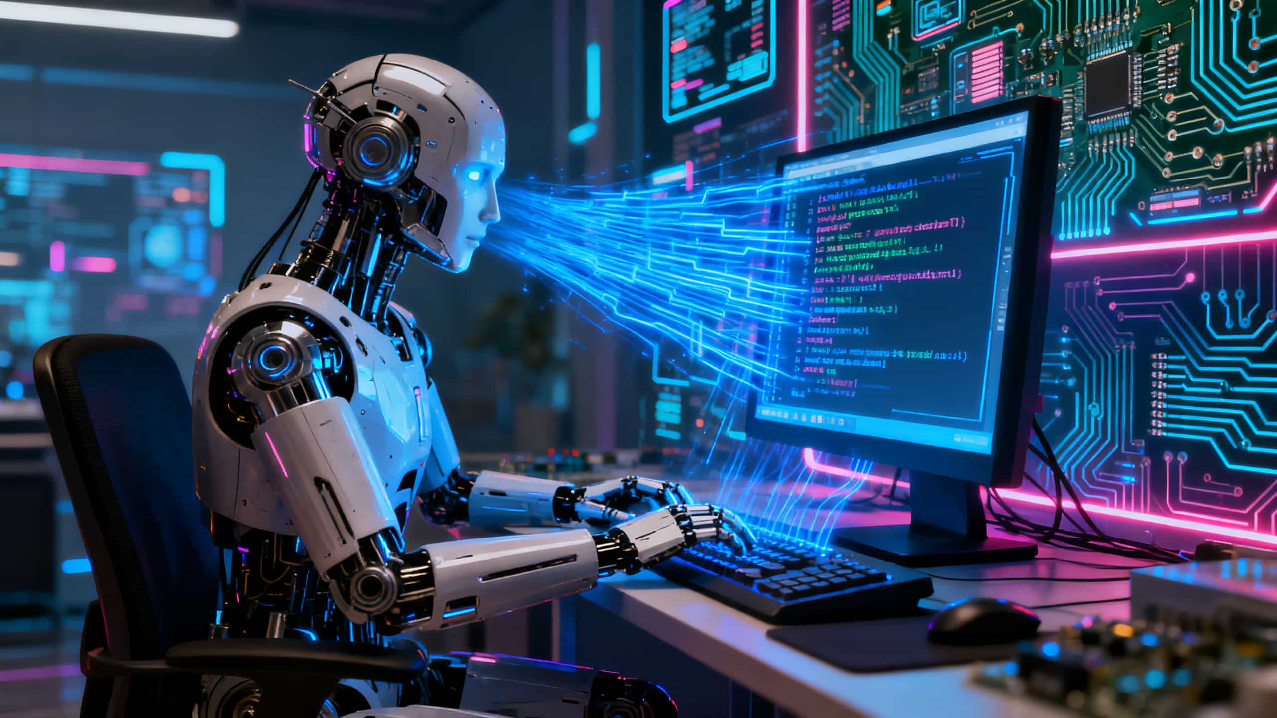 Robot programmant ordinateur avec interfaces futuristes.