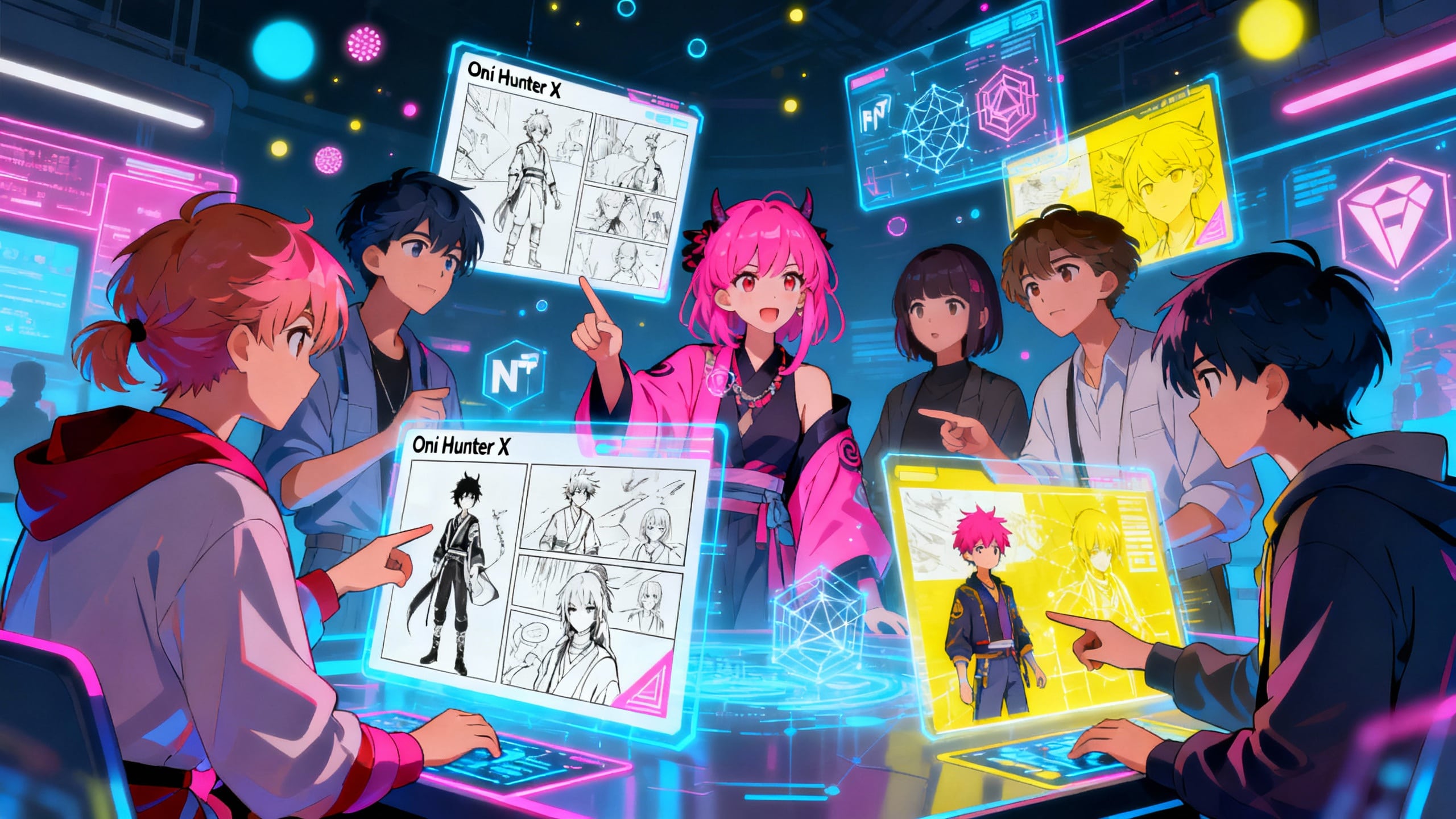 Groupe discutant autour d'écrans holographiques animés.