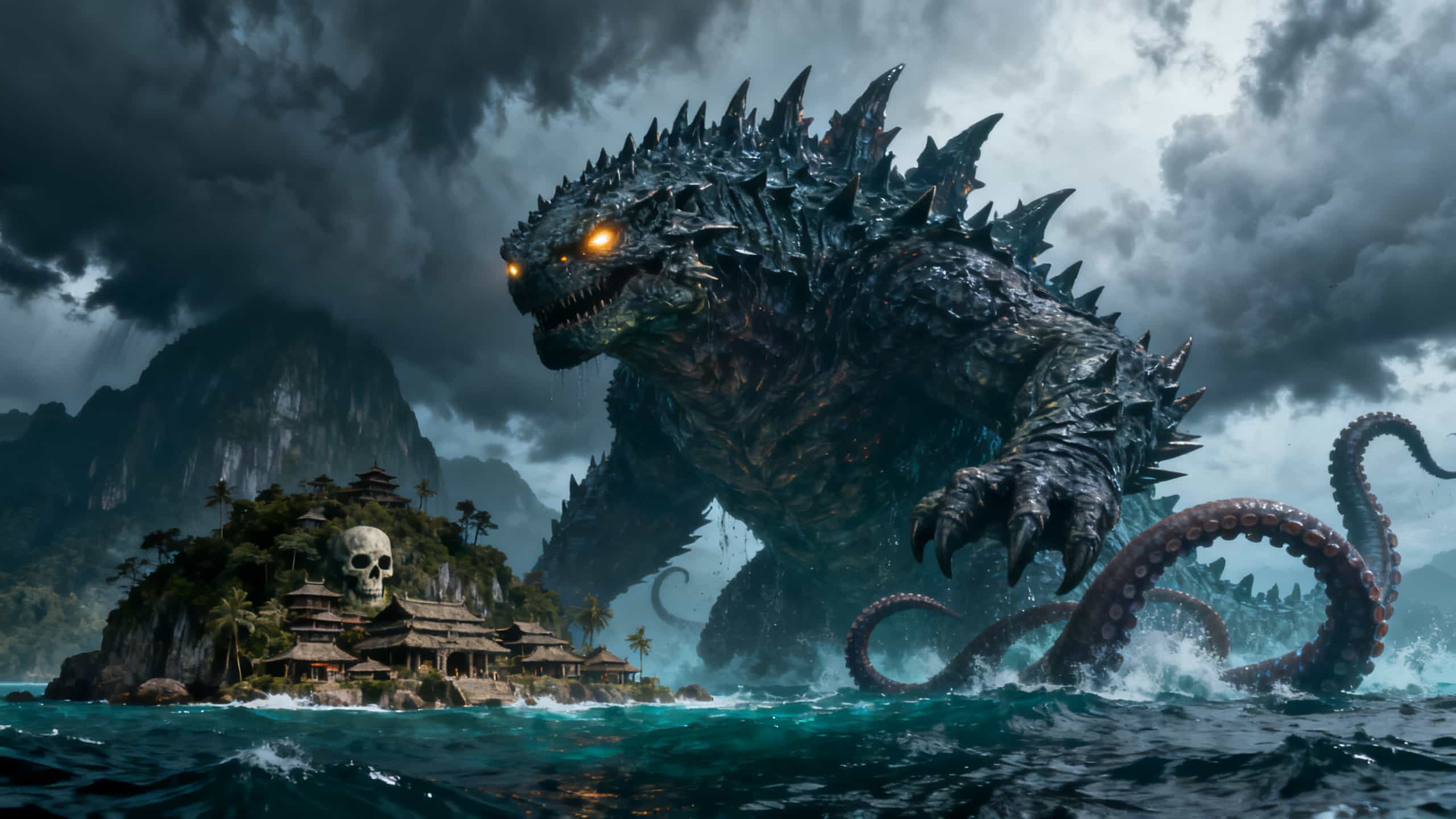 Monstre géant attaquant une île tropicale.