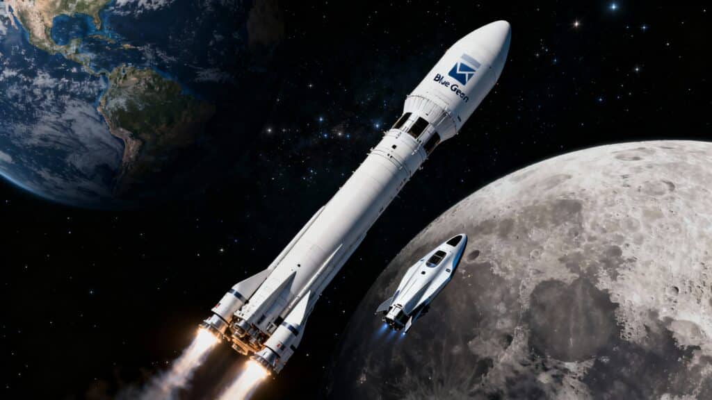 Fusée volant dans l'espace près de la Lune.