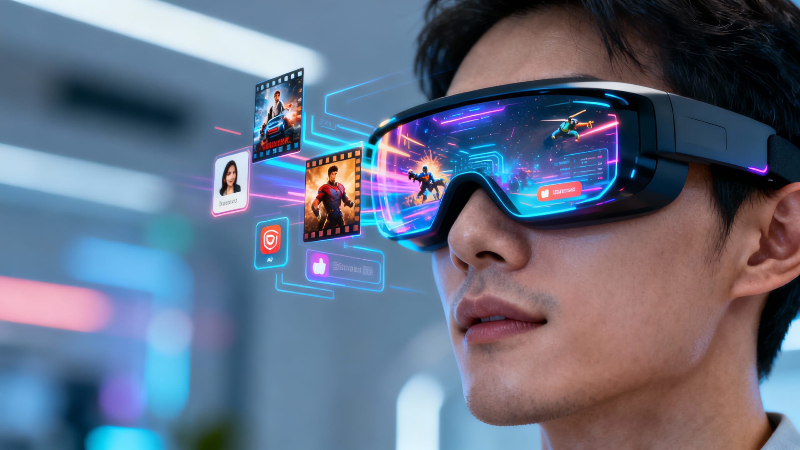 Personne avec casque de réalité augmentée futuriste.