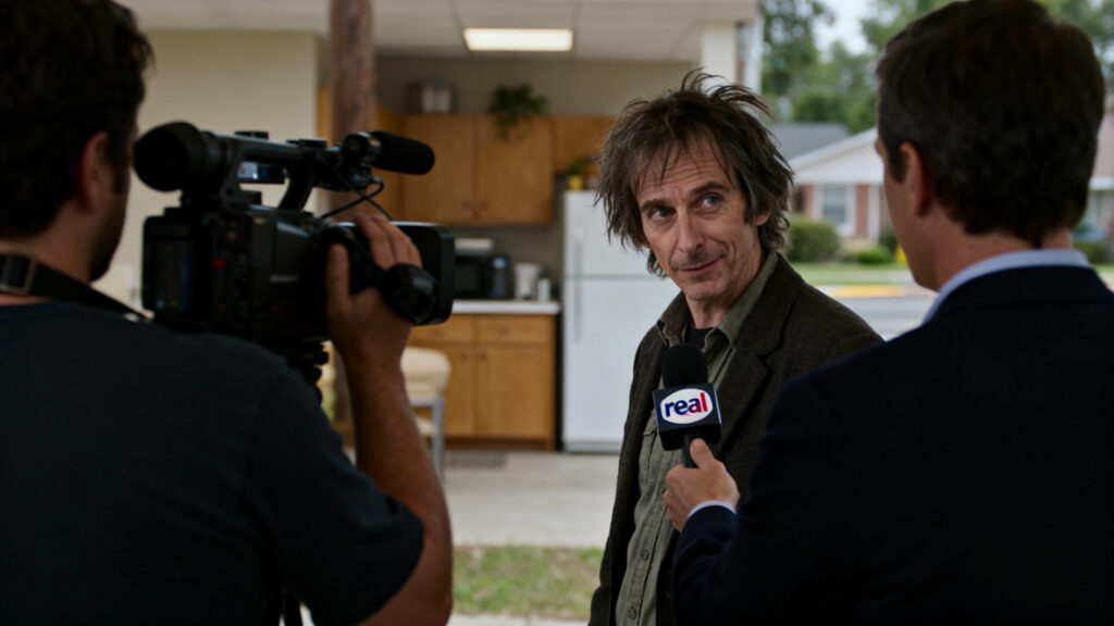 Interview dans une cuisine avec caméra.