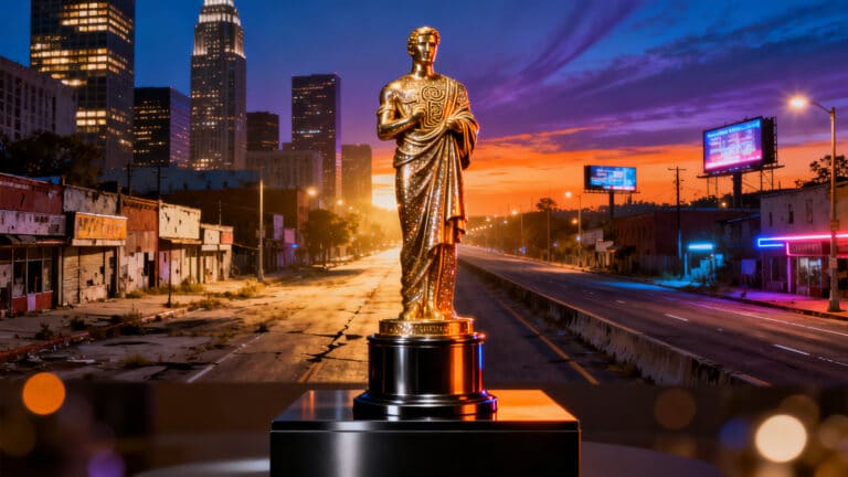 Statue dorée sur fond de ville au crépuscule.