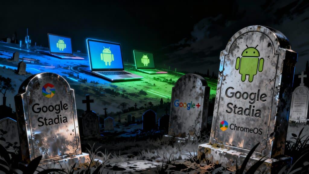 Cimetière technologique avec logos obsolètes sur pierres tombales.