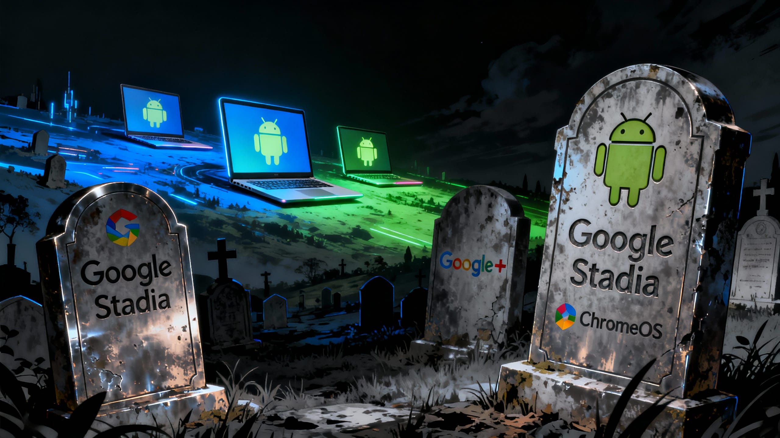 Cimetière technologique avec logos obsolètes sur pierres tombales.