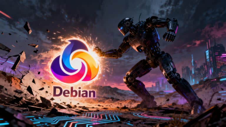 Robot géant affrontant logo Debian.