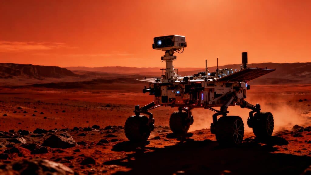 Rover explorant la surface de Mars, paysage désertique.