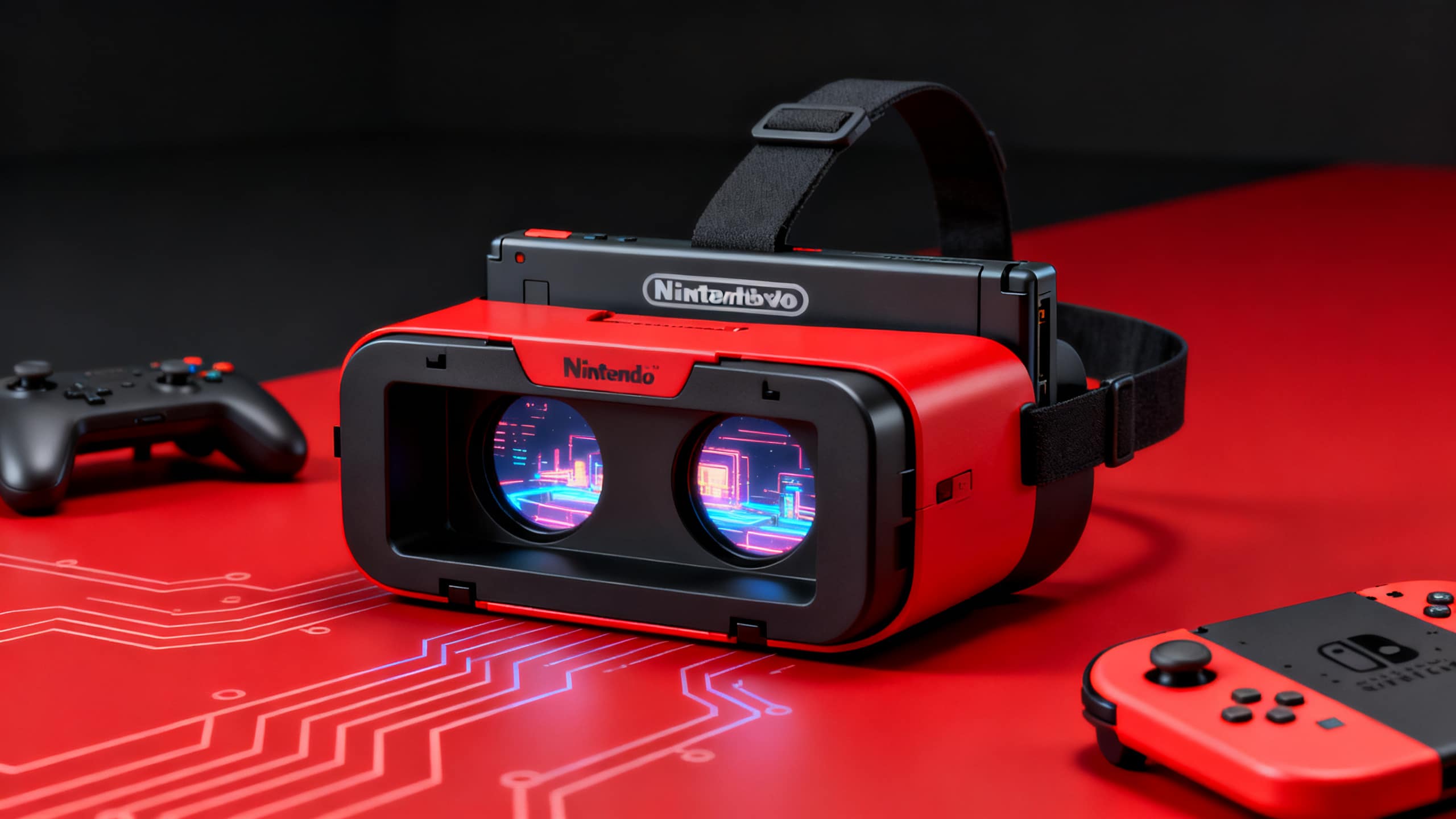 Casque VR Nintendo rouge et noir sur table rouge.