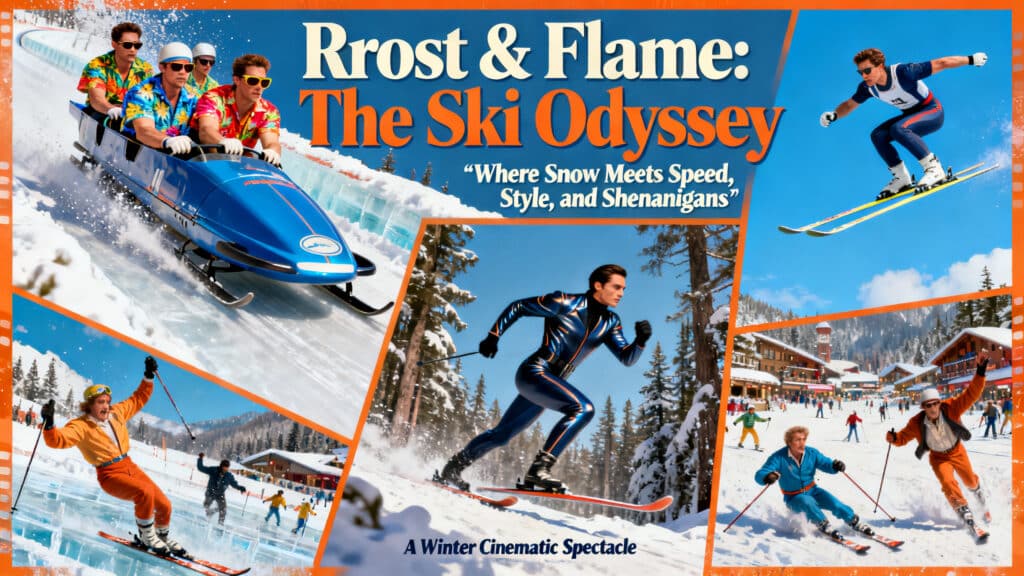 Équipe de bobsleigh et skieurs en montagne enneigée.