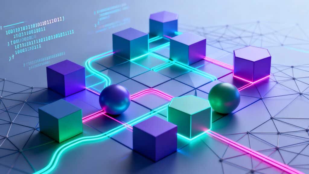 Réseau de cubes et sphères avec chemins lumineux
