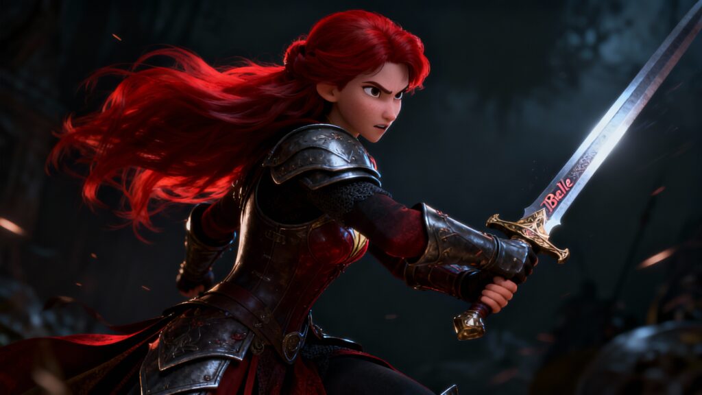 Guerrière rousse en armure avec une épée brillante.