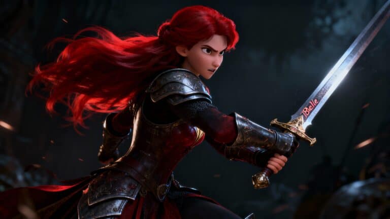 Guerrière rousse en armure avec une épée brillante.