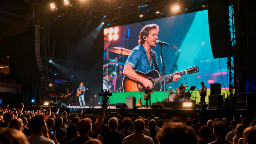 Concert avec chanteur jouant de la guitare sur scène.