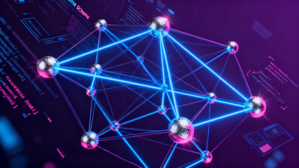 Réseau de boules métalliques et lumières connectées.
