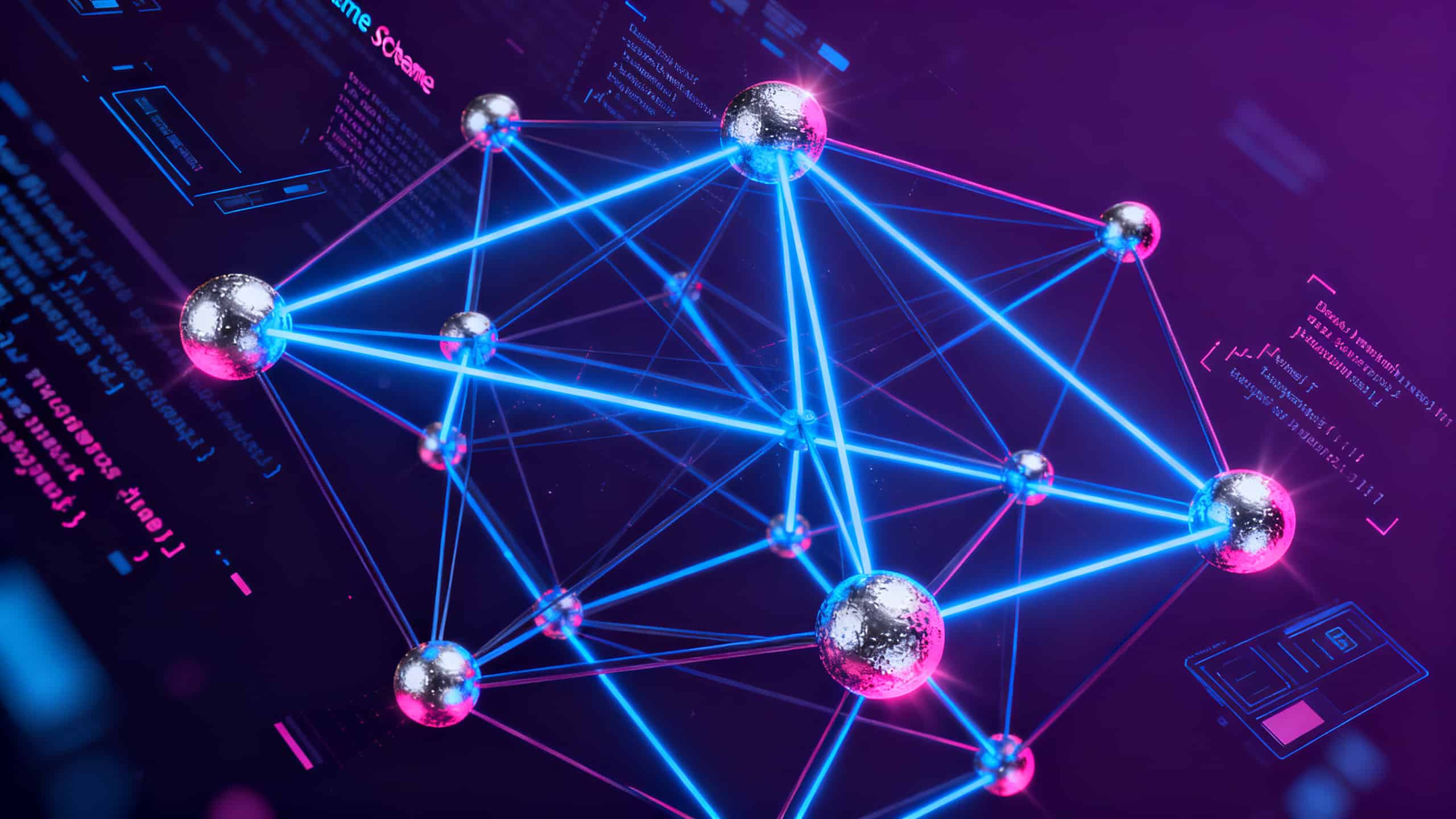 Réseau de boules métalliques et lumières connectées.